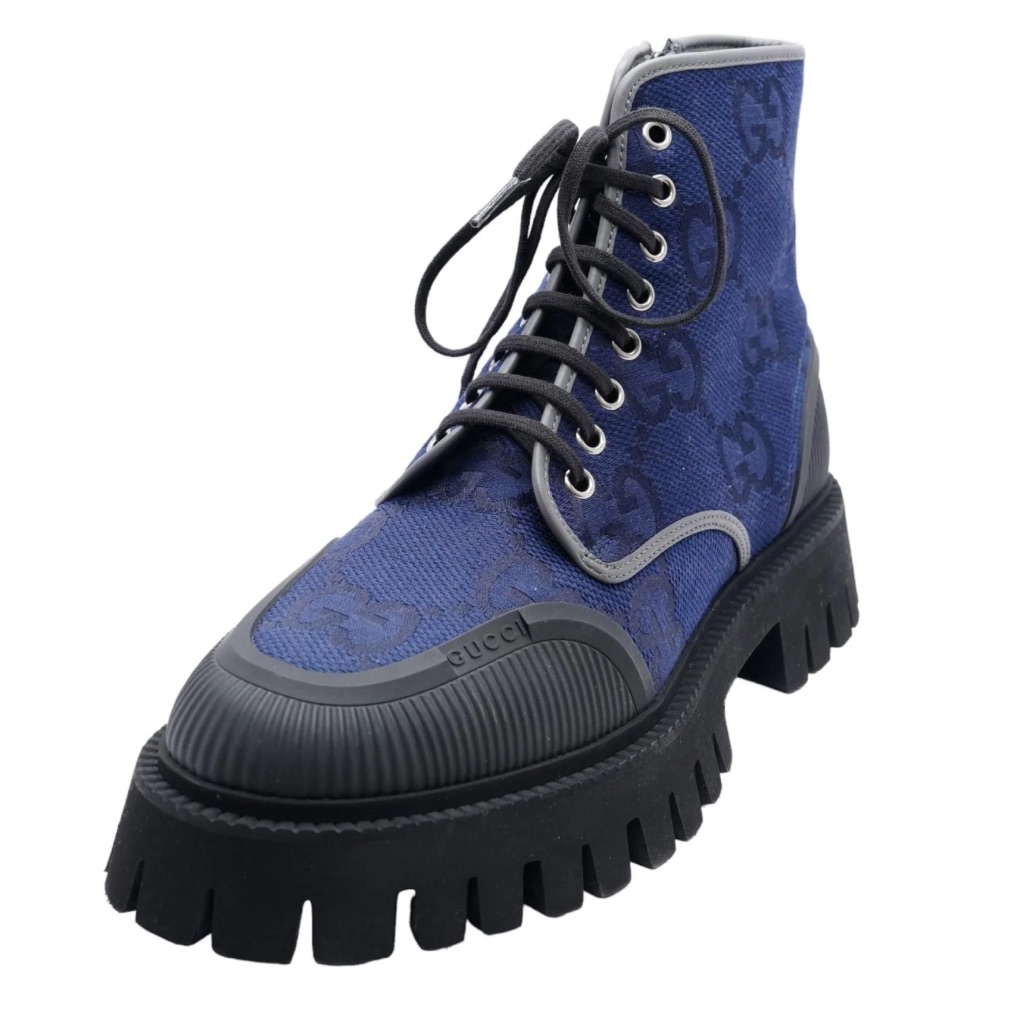 New In Box Gucci Lace-Up Boots Maxi Gg In Navy